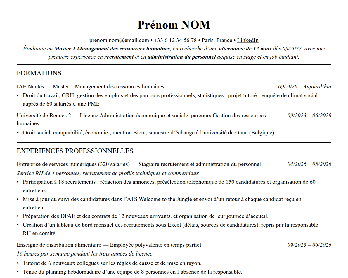 Aperçu : Exemple de CV Alternant·e RH