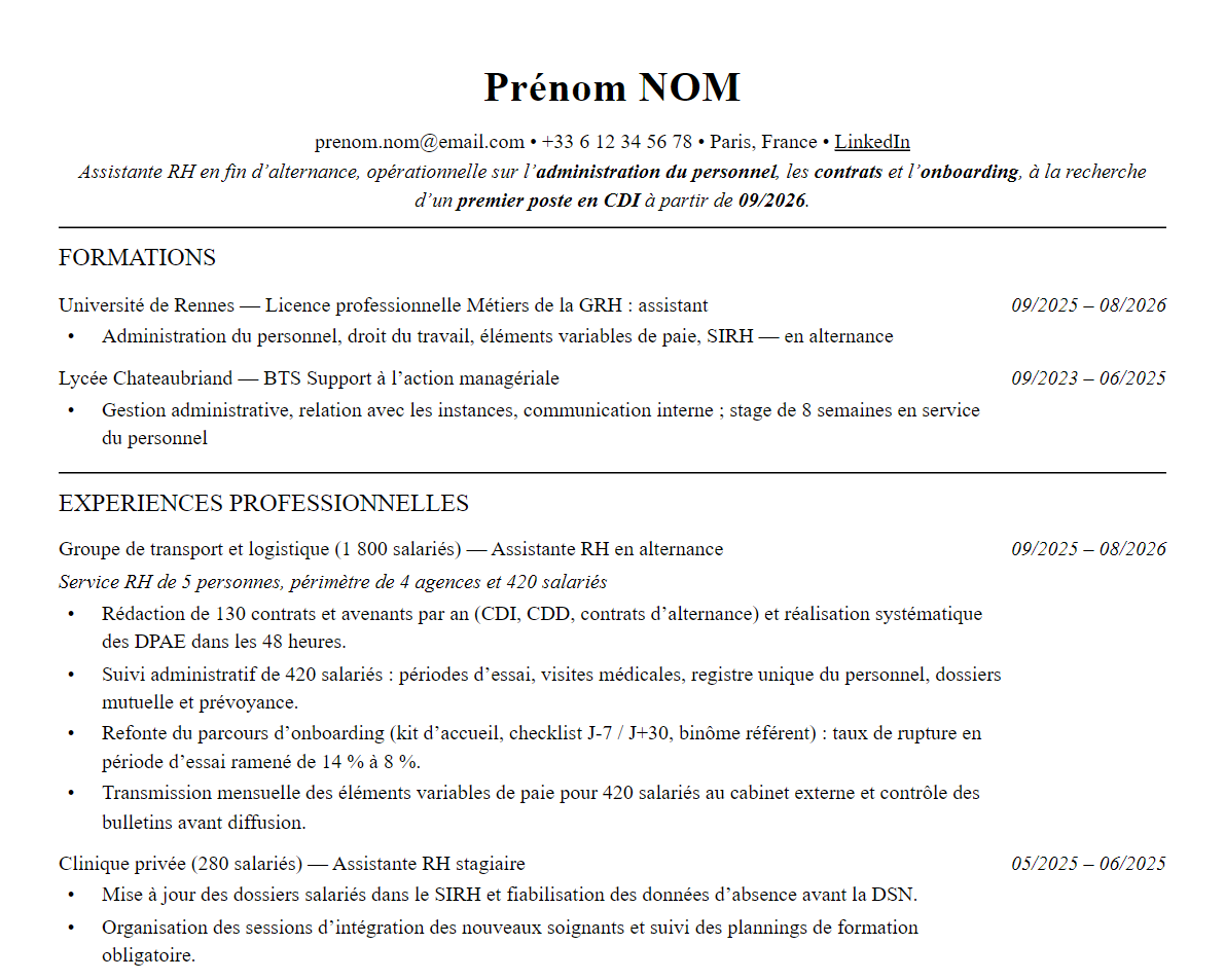 Aperçu : Exemple de CV Assistant·e ressources humaines