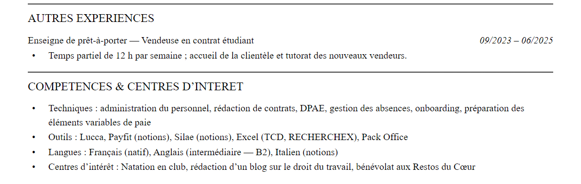 CV assistant·e ressources humaines : compétences et centres d’intérêt