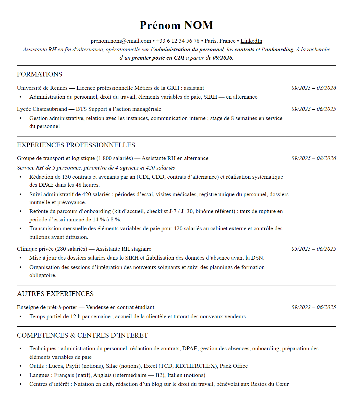 CV assistant·e ressources humaines complet sur une page