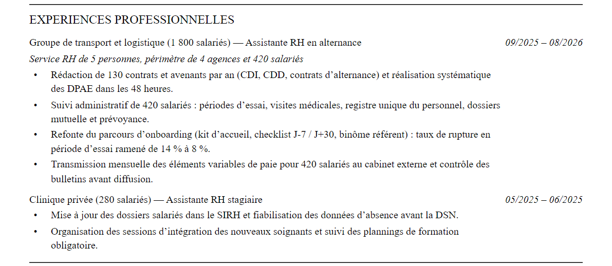 CV assistant·e ressources humaines : expériences
