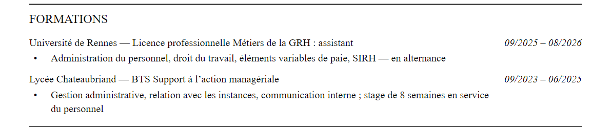 CV assistant·e ressources humaines : formation