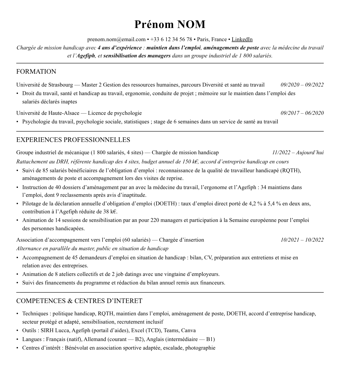 CV chargé de mission handicap complet sur une page
