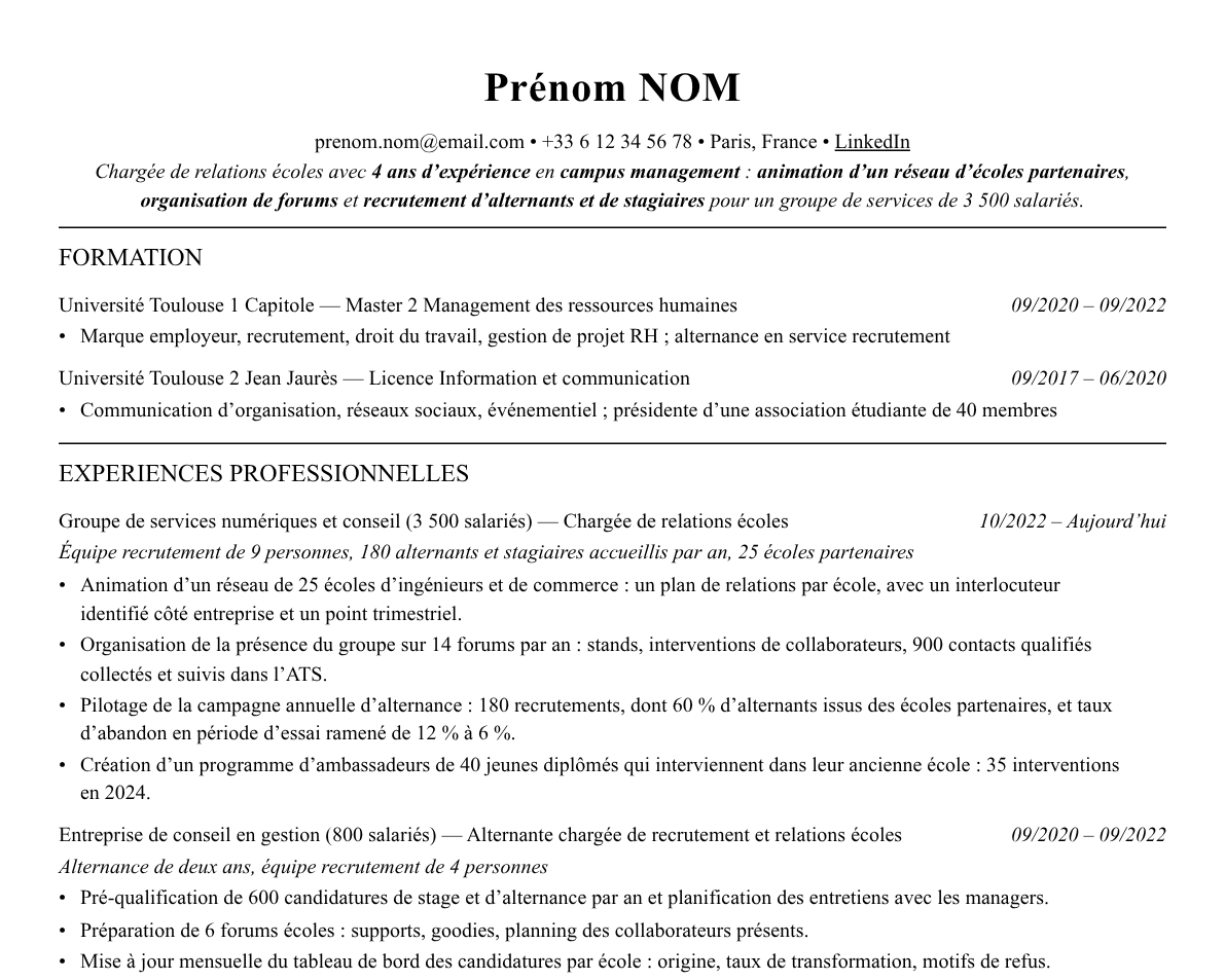 Aperçu : Exemple de CV Chargé·e de relations écoles