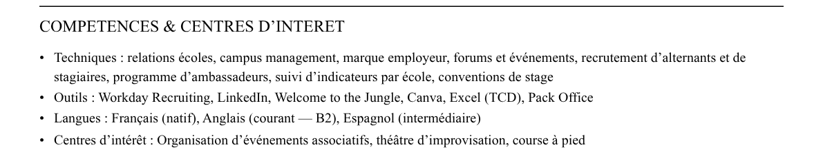 CV chargé·e de relations écoles : compétences et centres d’intérêt