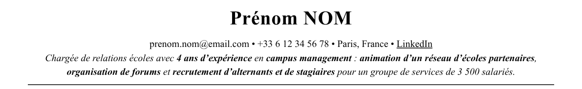 CV chargé·e de relations écoles : en-tête et accroche