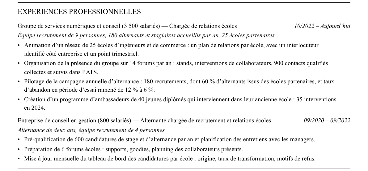 CV chargé·e de relations écoles : expériences