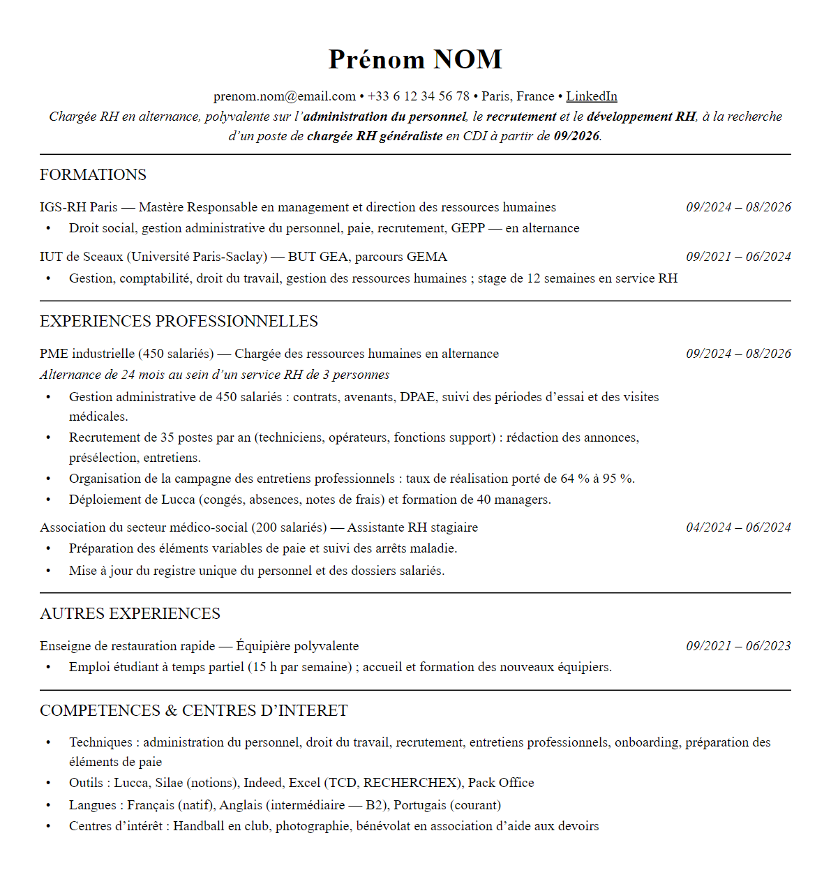 CV complet sur une page