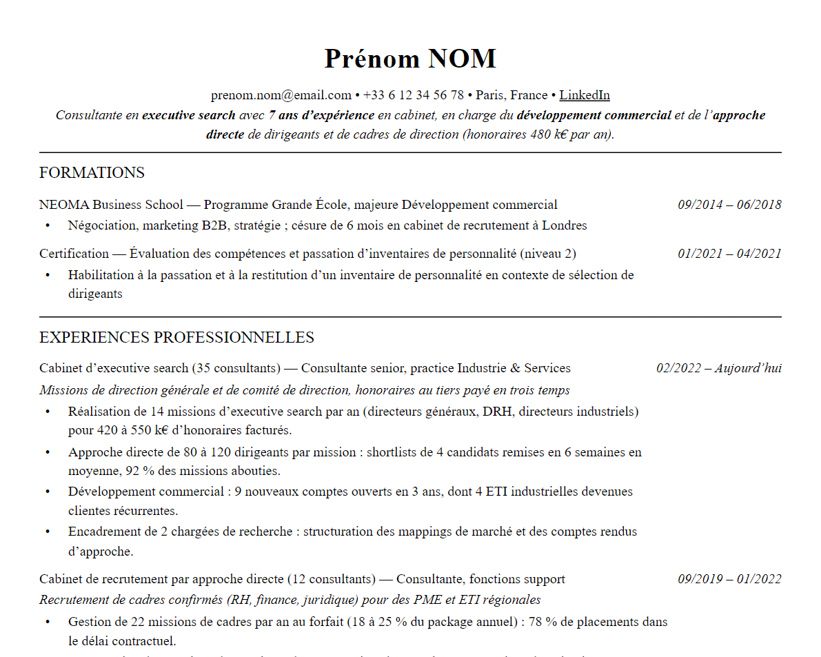 Aperçu : Exemple de CV Chasseur de têtes