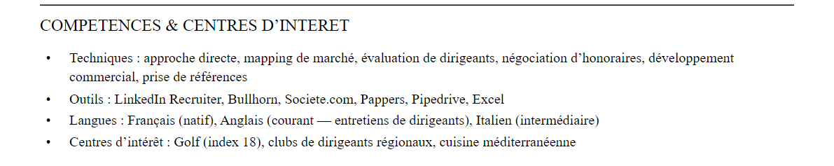 CV chasseur de têtes : compétences et centres d’intérêt