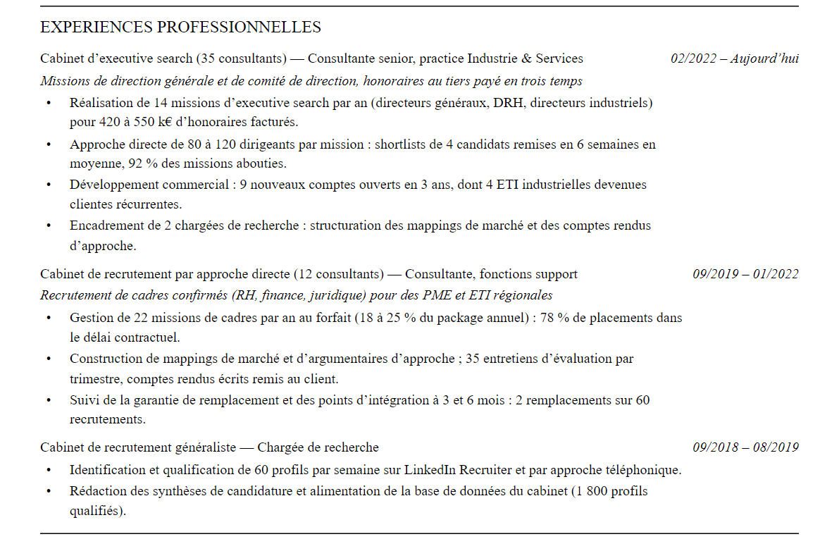 CV chasseur de têtes : expériences