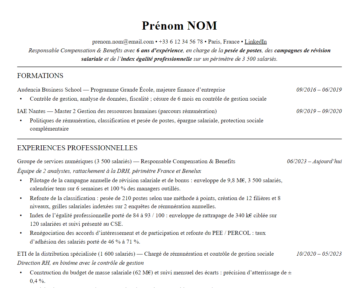 Aperçu : Exemple de CV Responsable rémunération et avantages sociaux (C&B)
