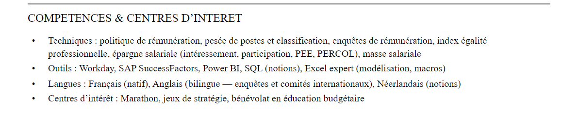 CV responsable rémunération et avantages sociaux (c&b) : compétences et centres d’intérêt
