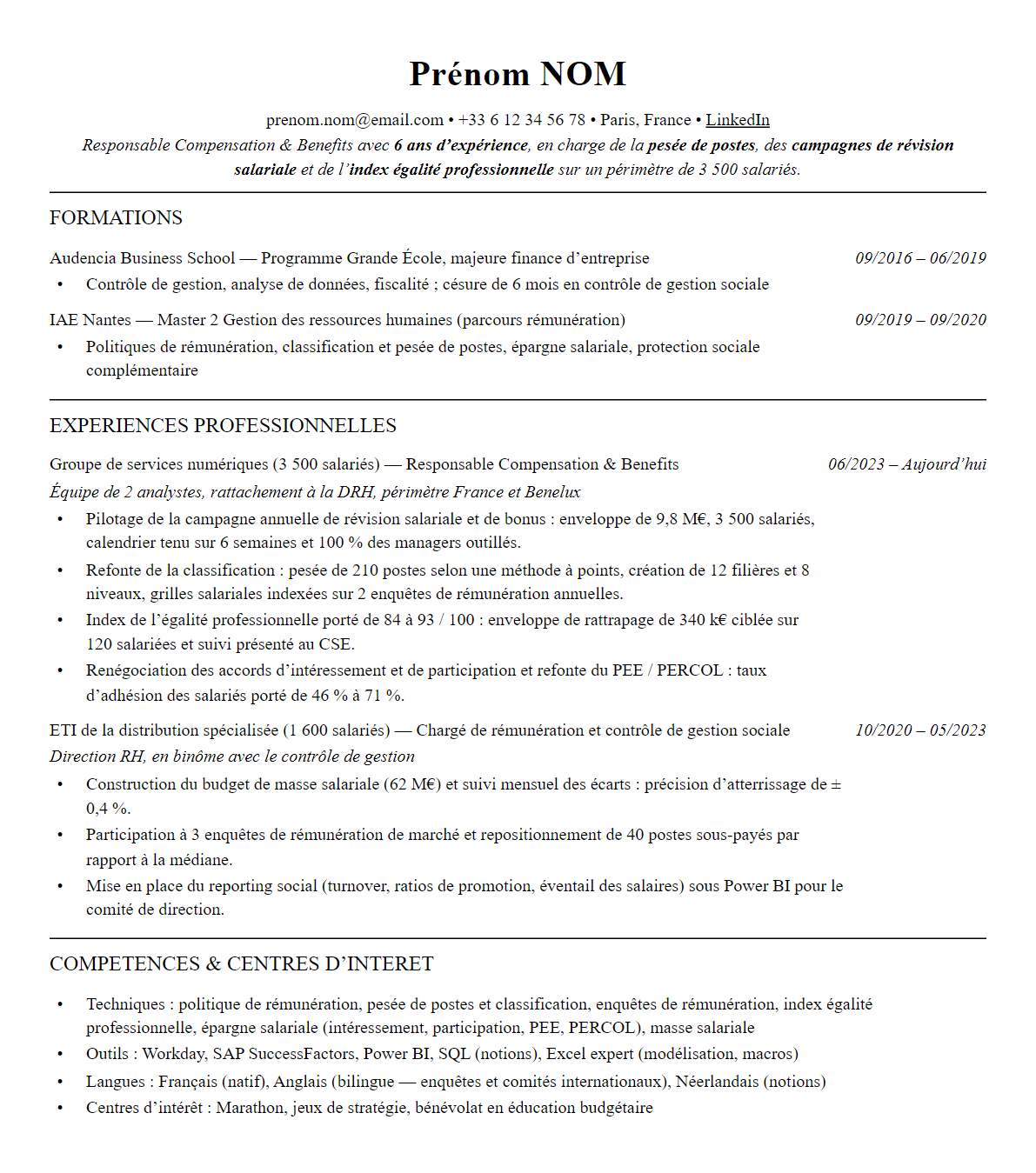 CV responsable rémunération et avantages sociaux (c&b) complet sur une page