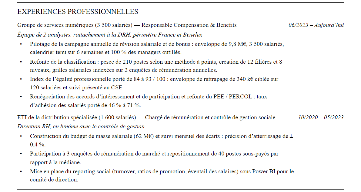 CV responsable rémunération et avantages sociaux (c&b) : expériences