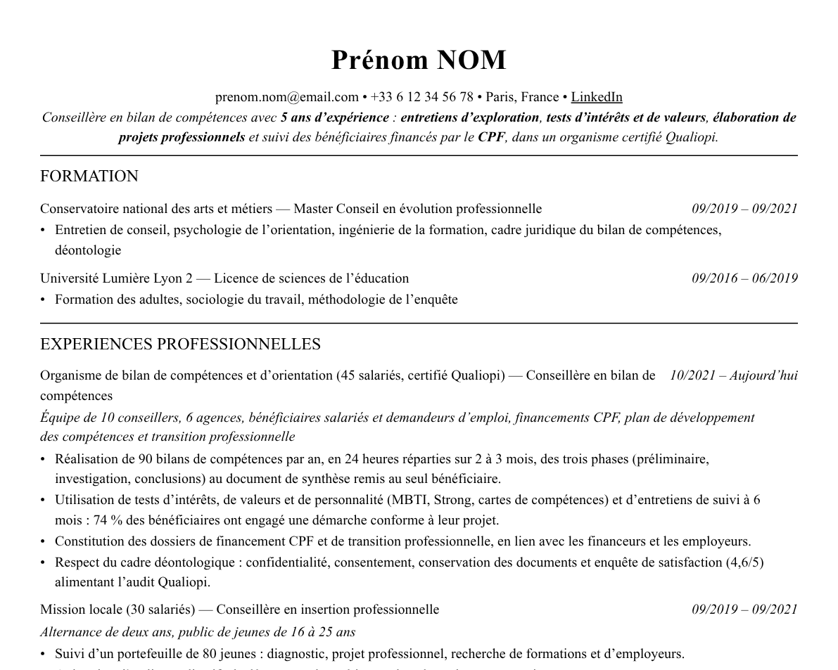 Aperçu : Exemple de CV Conseiller en bilan de compétences