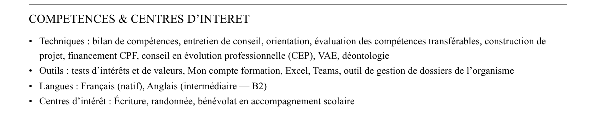 CV conseiller en bilan de compétences : compétences et centres d’intérêt