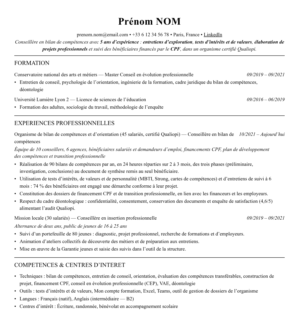 CV conseiller en bilan de compétences complet sur une page