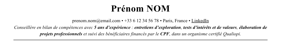 CV conseiller en bilan de compétences : en-tête et accroche