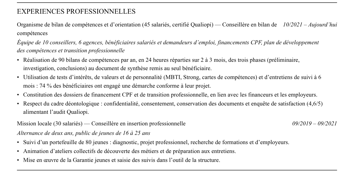 CV conseiller en bilan de compétences : expériences