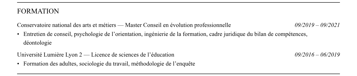 CV conseiller en bilan de compétences : formation