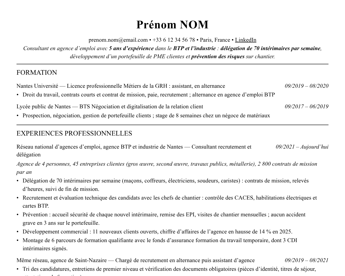 Aperçu : Exemple de CV Recruteur·se en agence d’intérim