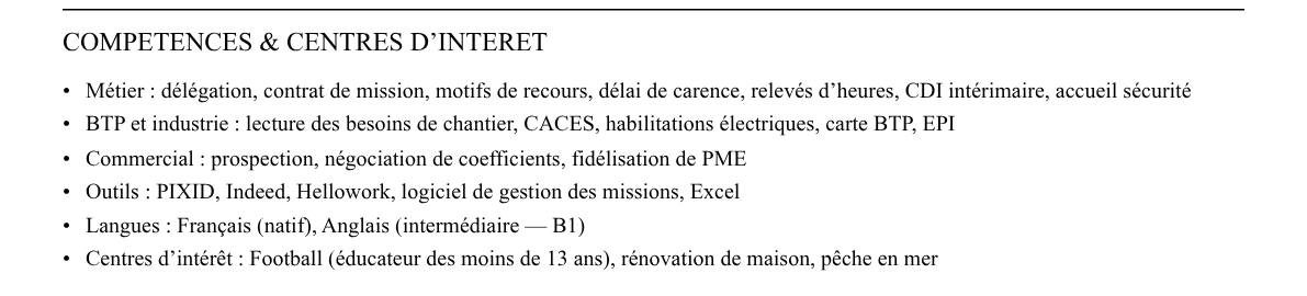 CV recruteur·se en agence d’intérim : compétences et centres d’intérêt