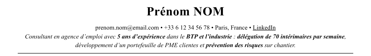 CV recruteur·se en agence d’intérim : en-tête et accroche