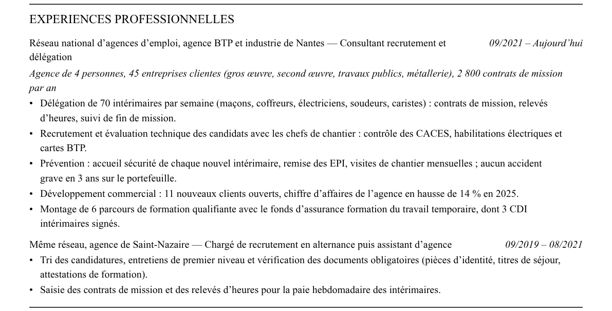CV recruteur·se en agence d’intérim : expériences