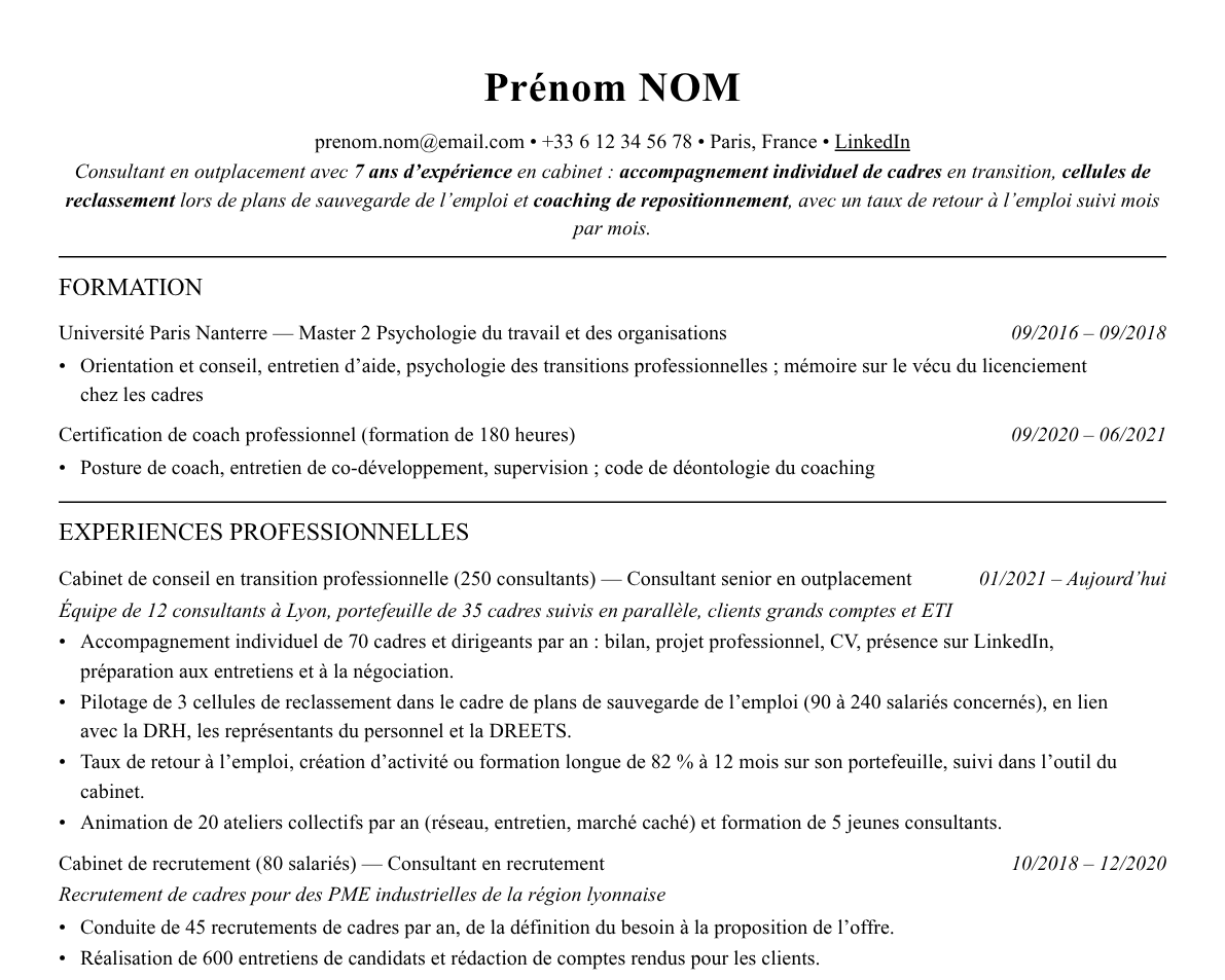 Aperçu : Exemple de CV Consultant en outplacement