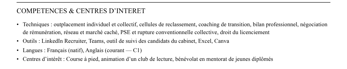 CV consultant en outplacement : compétences et centres d’intérêt