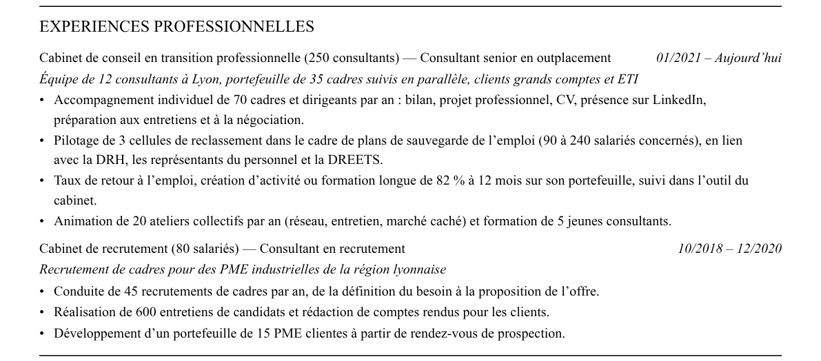 CV consultant en outplacement : expériences