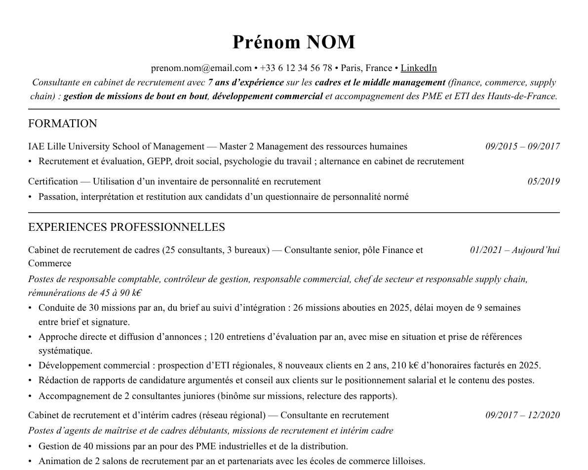 Aperçu : Exemple de CV Recruteur·se en cabinet de recrutement