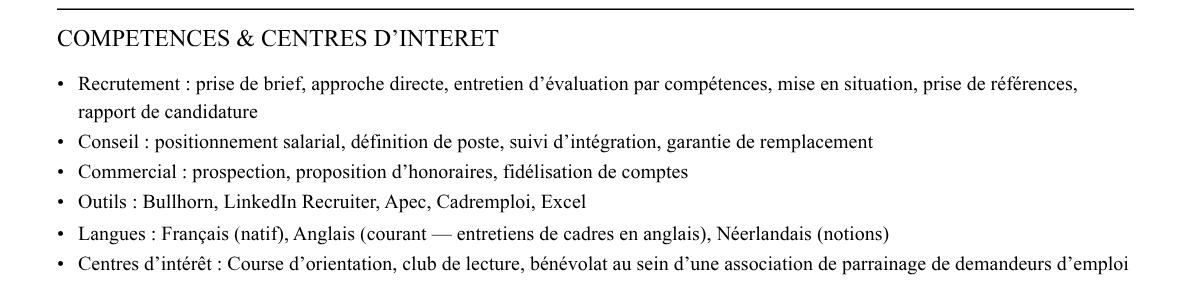 CV recruteur·se en cabinet de recrutement : compétences et centres d’intérêt