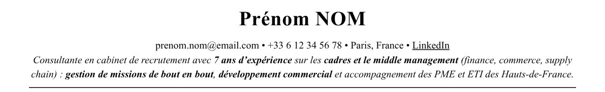 CV recruteur·se en cabinet de recrutement : en-tête et accroche