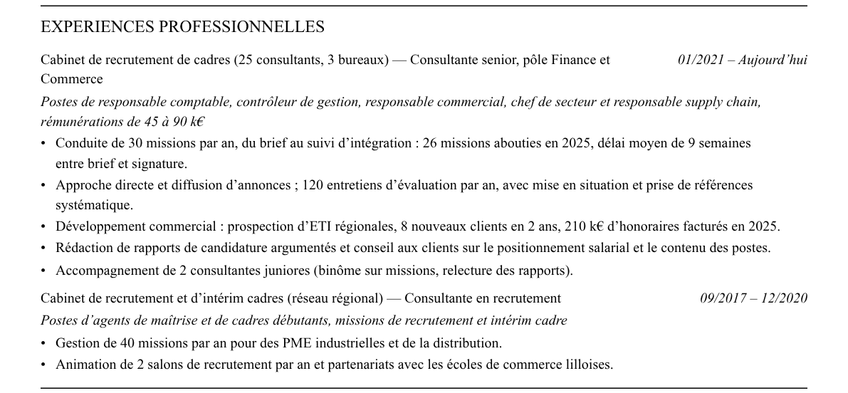 CV recruteur·se en cabinet de recrutement : expériences