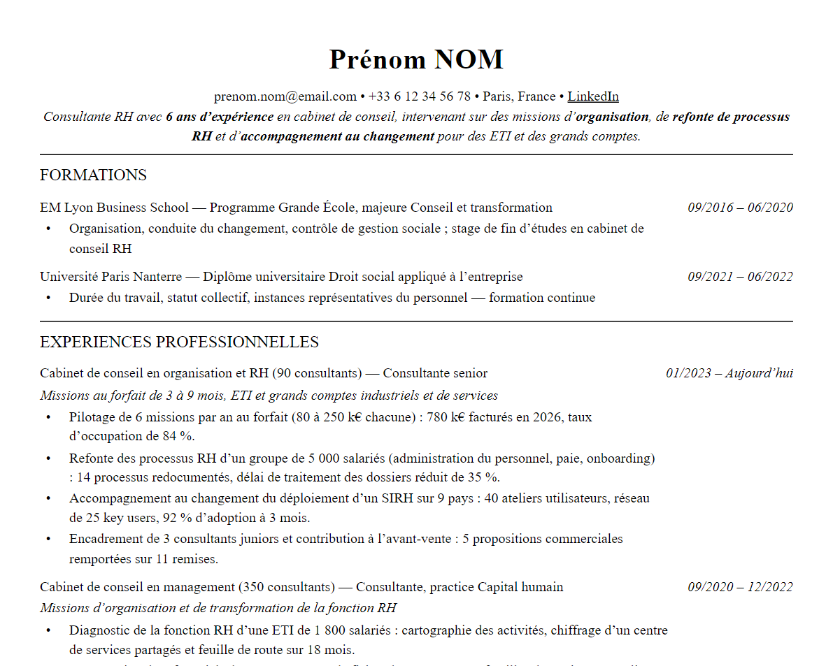 Aperçu : Exemple de CV Consultant RH en cabinet de conseil