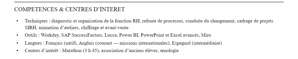 CV consultant rh en cabinet de conseil : compétences et centres d’intérêt