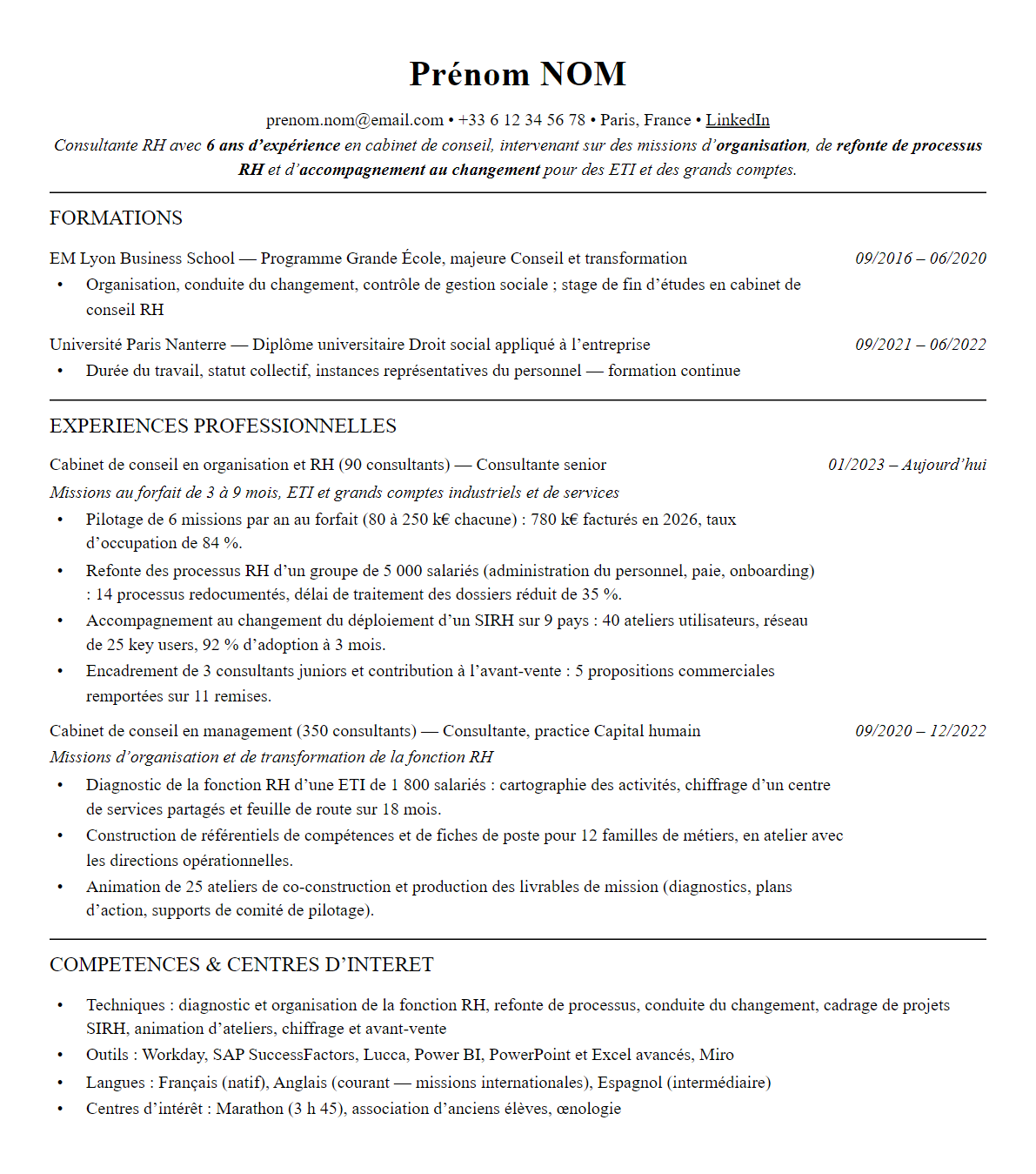 CV consultant rh en cabinet de conseil complet sur une page
