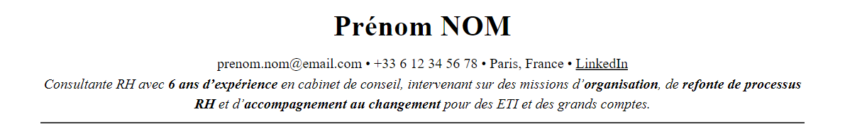 CV consultant rh en cabinet de conseil : en-tête et accroche