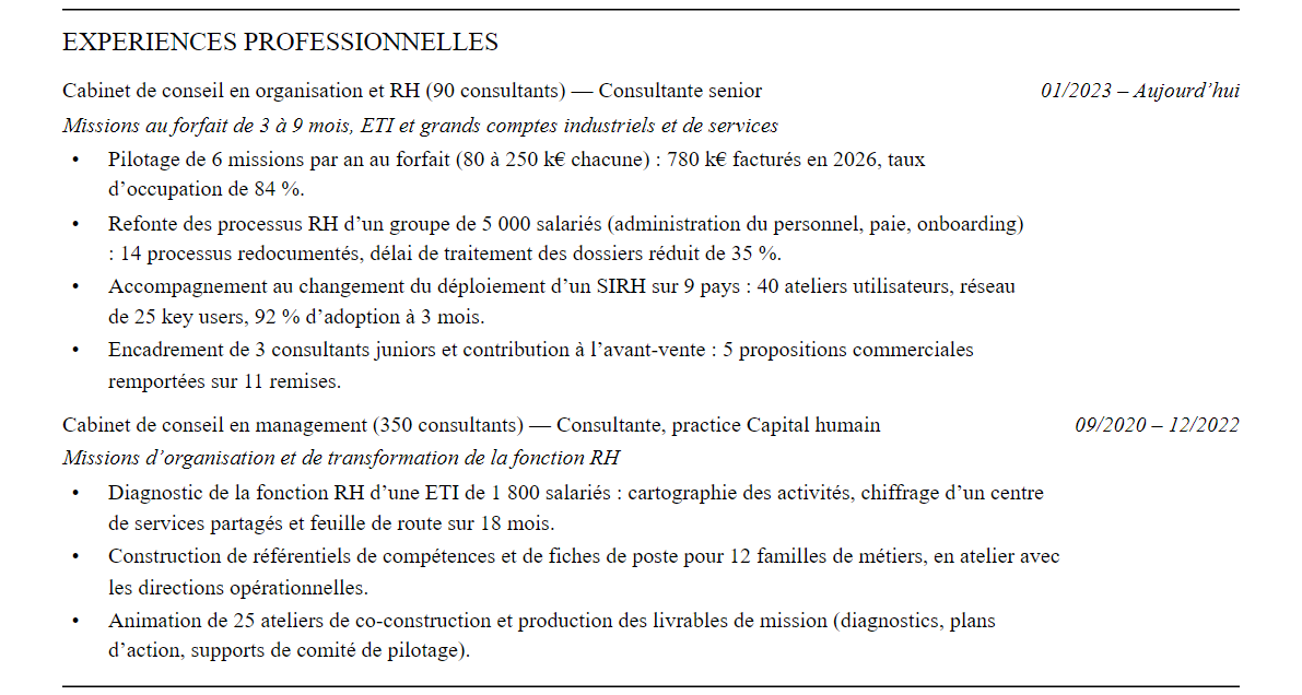 CV consultant rh en cabinet de conseil : expériences