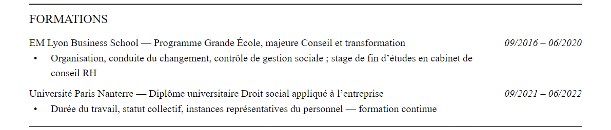 CV consultant rh en cabinet de conseil : formation