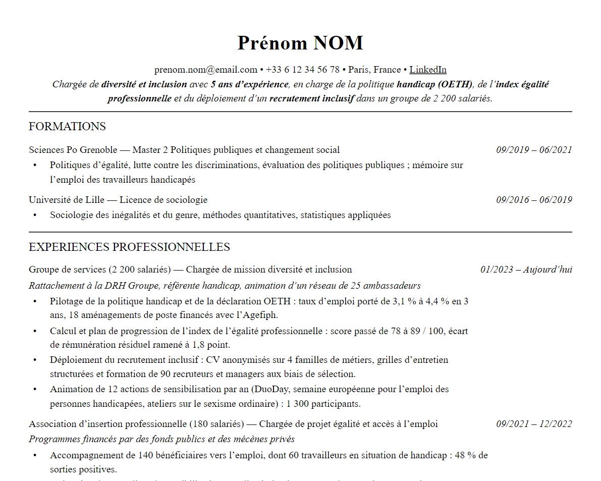 Aperçu : Exemple de CV Chargé de diversité et inclusion