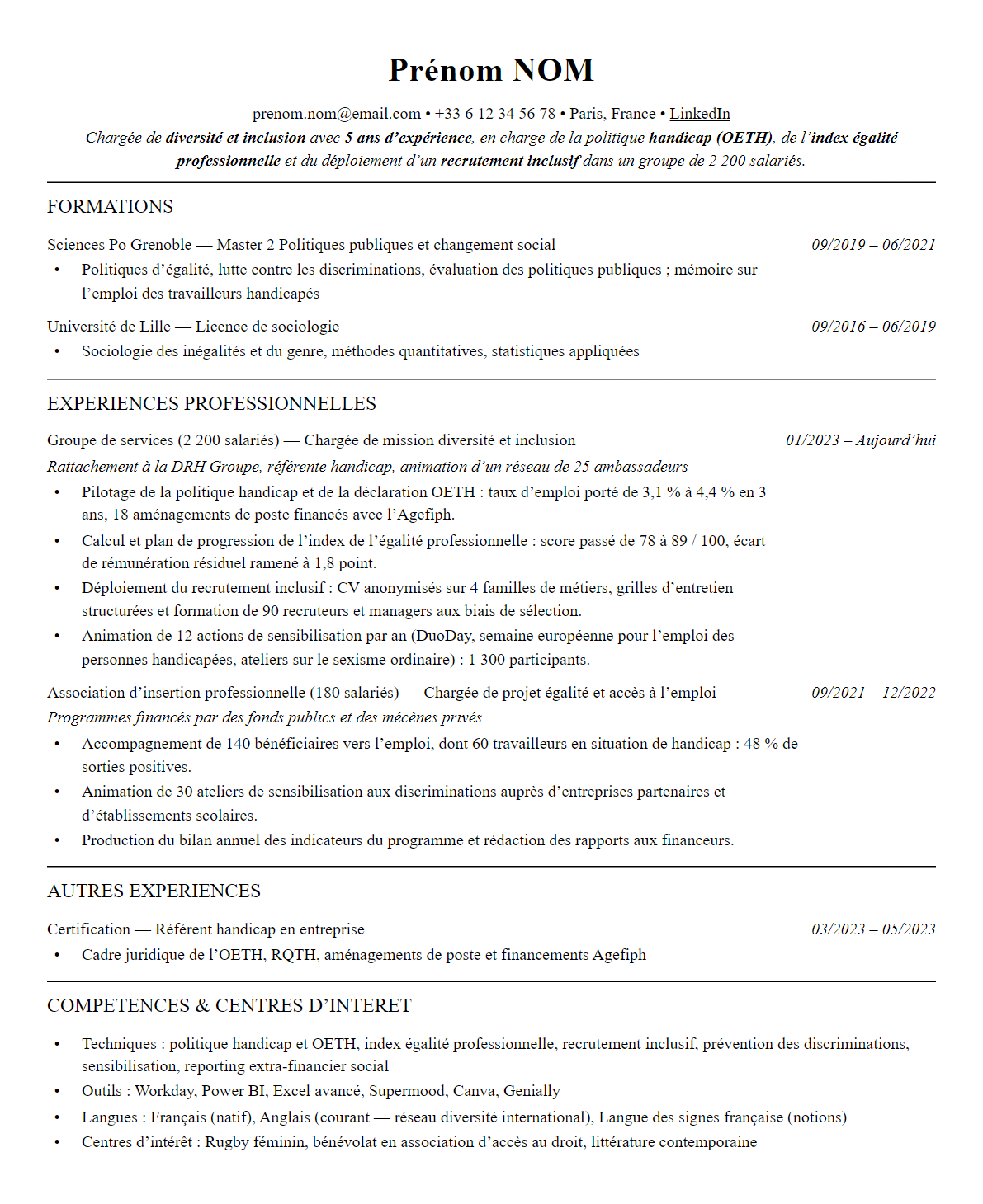 CV chargé de diversité et inclusion complet sur une page