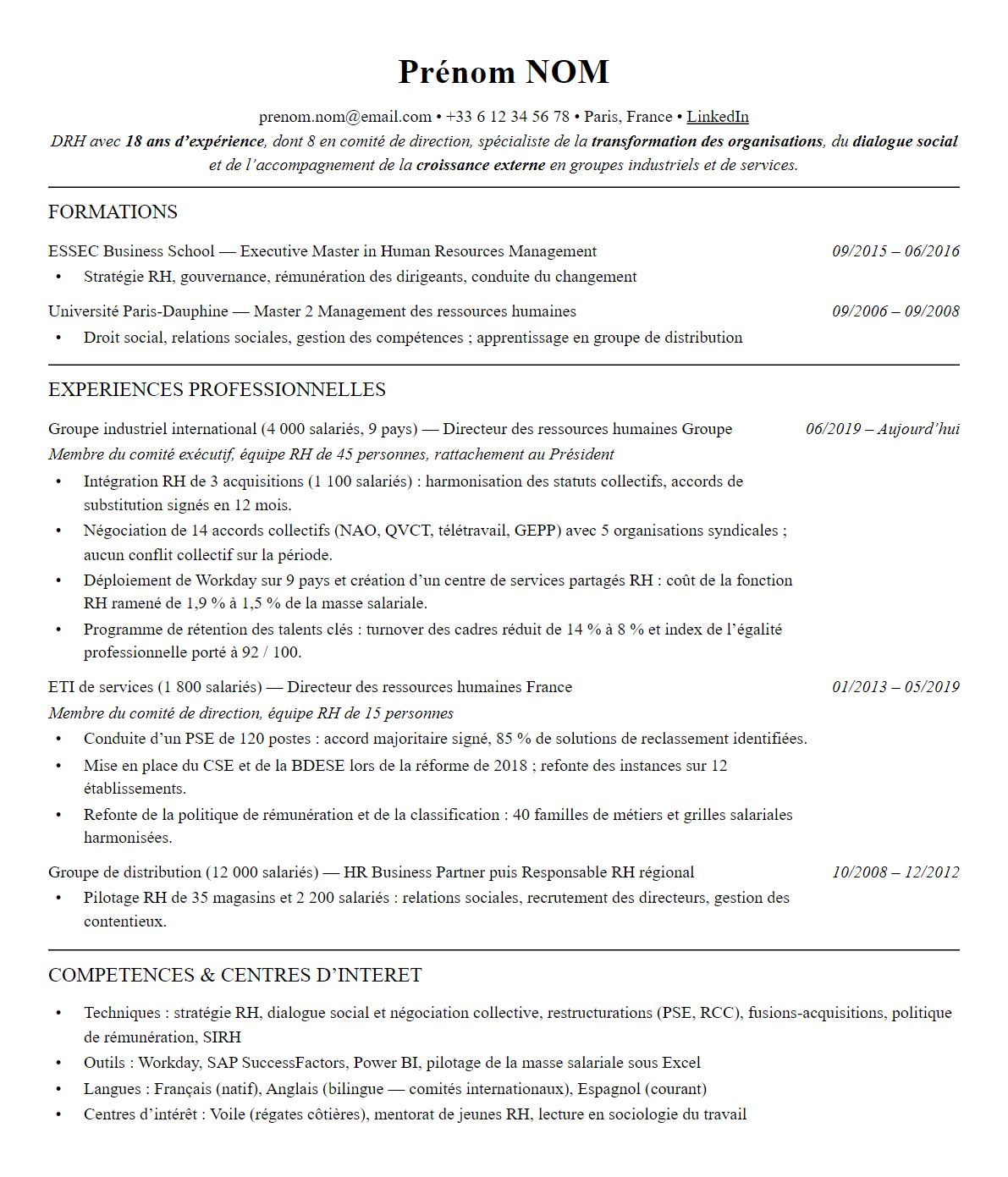 CV complet sur une page