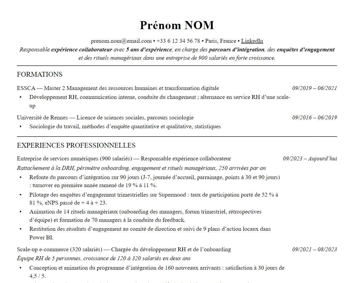 Aperçu : Exemple de CV Responsable expérience collaborateur