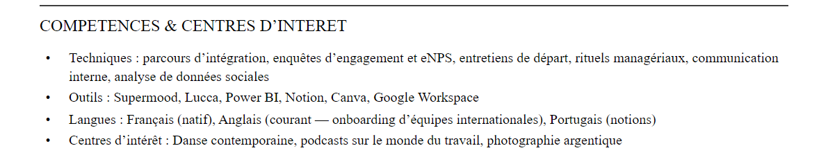 CV responsable expérience collaborateur : compétences et centres d’intérêt