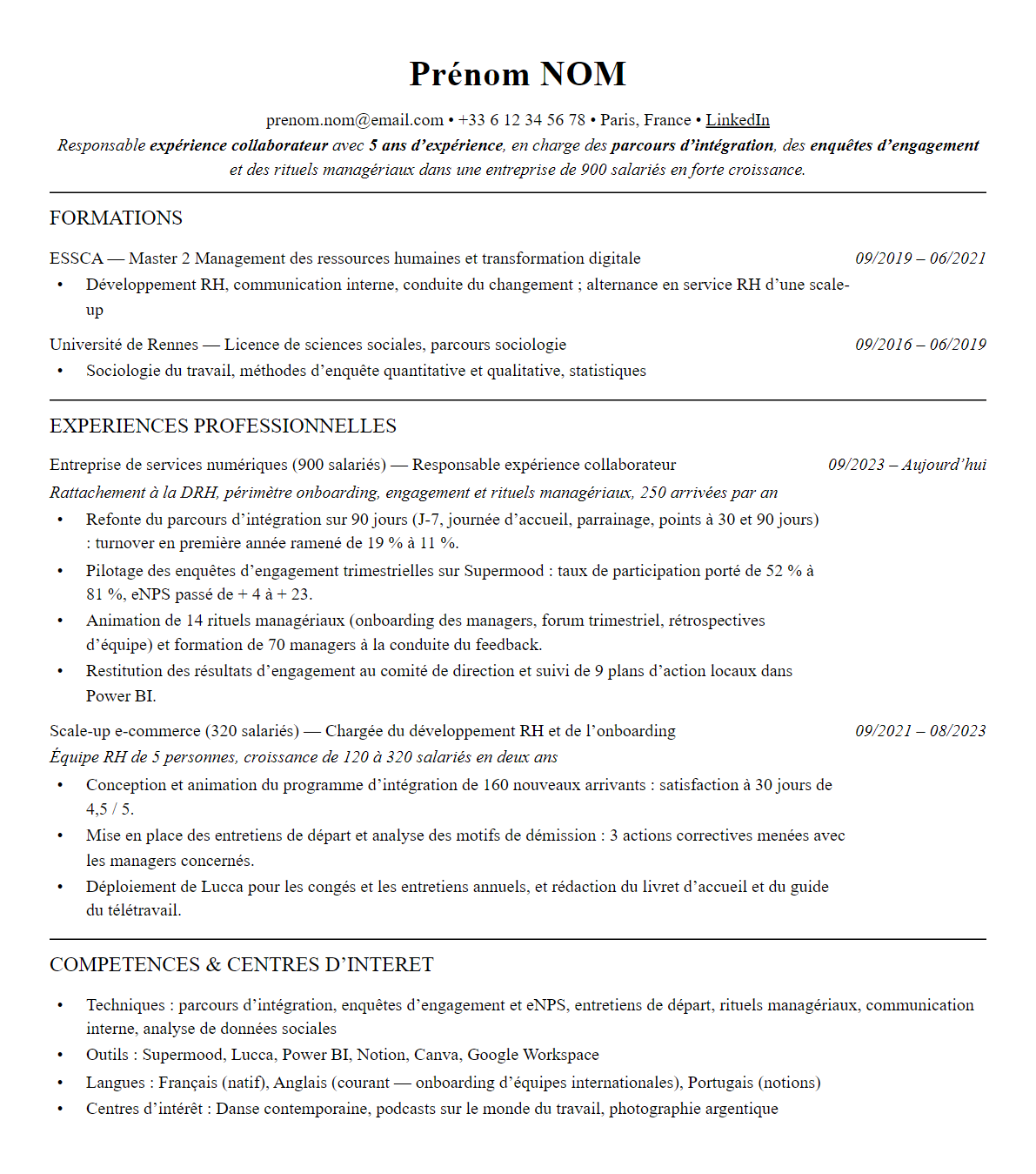 CV responsable expérience collaborateur complet sur une page