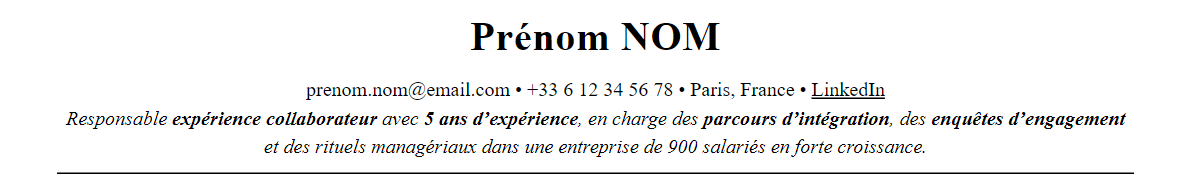 CV responsable expérience collaborateur : en-tête et accroche