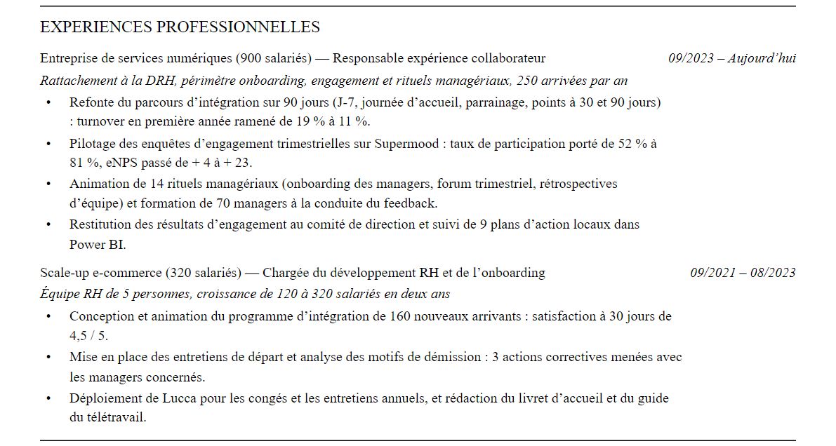 CV responsable expérience collaborateur : expériences